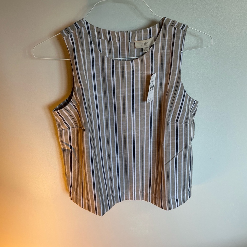 LOFT Tan Black White Striped Sleeveless Tank Top, NWT, Women’s Size S
